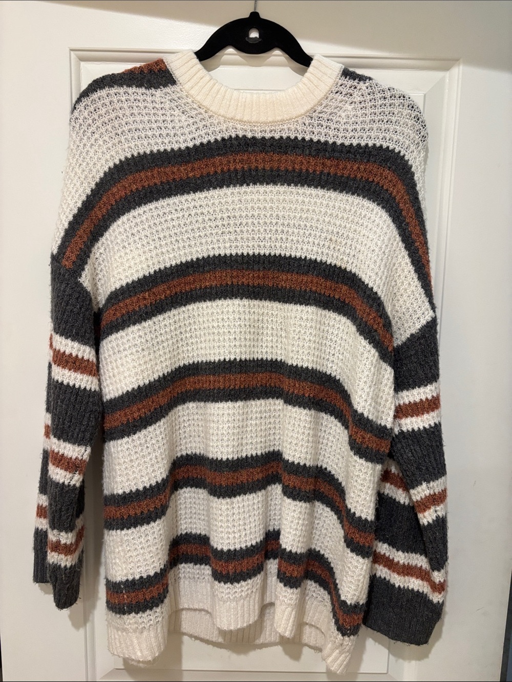 American Eagle Outfitters Ivory, Charcoal & Rust Striped Crewneck Sweater